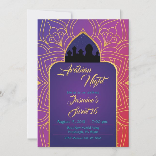 Purple Pink Gold Arabian Nights Moroccan Birthday Invitation (Front)