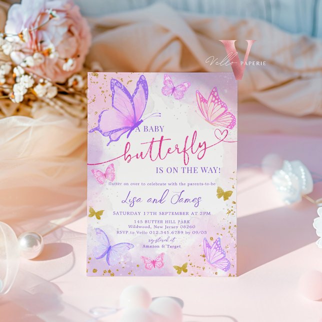 Purple Pink Gold Butterfly Baby Shower Invitation (Creator Uploaded)