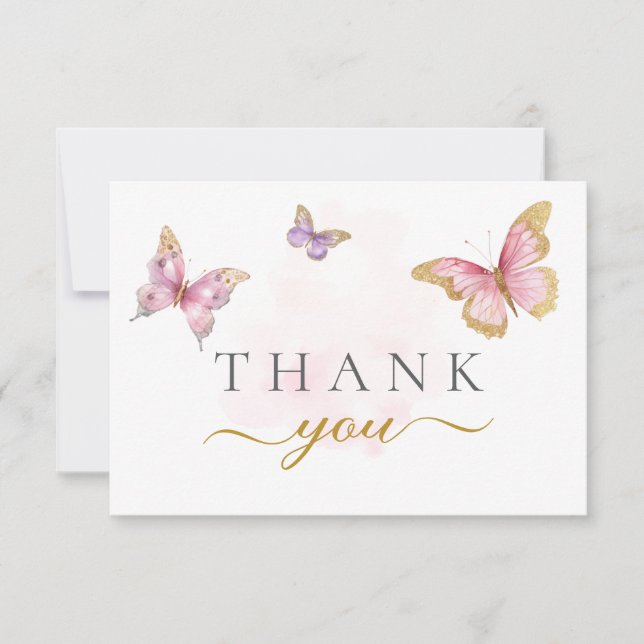Purple Pink Gold Butterfly Girl Baby Shower Thank You Card (Front)