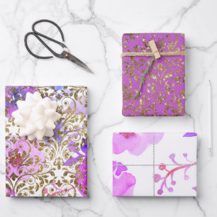 Purple Pink gold damask lace floral Wrapping Paper Sheet