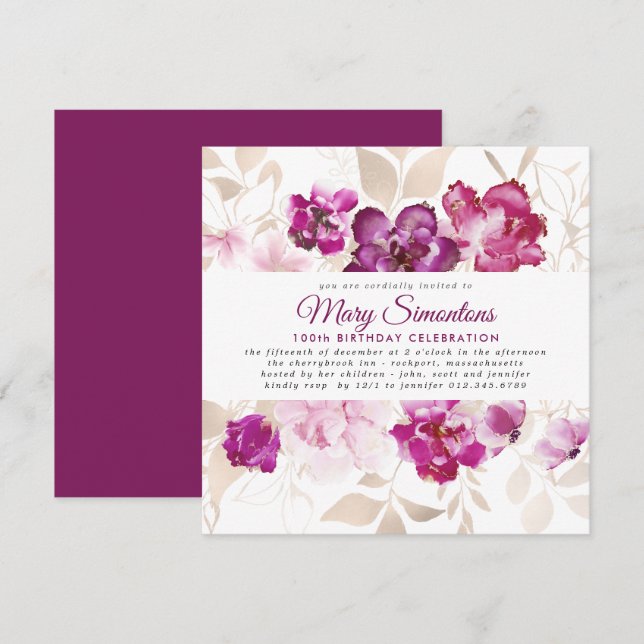 Purple Pink Gold Floral 100th Birthday Party Invitation (Front/Back)