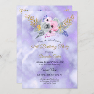 Purple Pink Gold Floral Bouquet Birthday Party Invitation