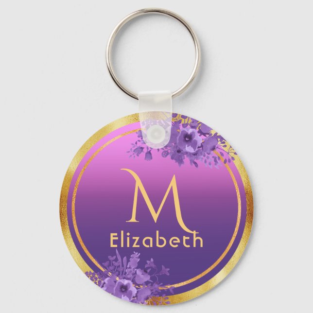Purple pink gold glam monogram name key ring (Front)
