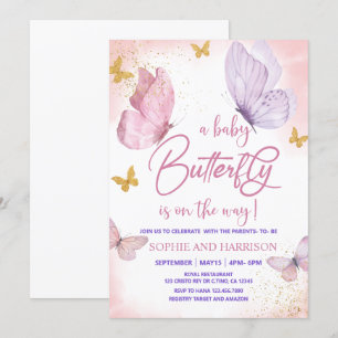 Purple Pink Gold Glitter Butterfly Baby Shower Invitation