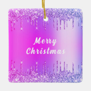 Purple Pink Gold Glitter Drips Merry Christmas Ceramic Ornament