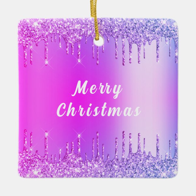 Purple Pink Gold Glitter Drips Merry Christmas Ceramic Ornament (Front)