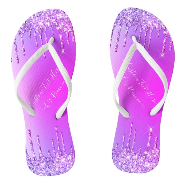 Purple Pink Gold Glitter Sparkle Drips Custom Text Flip Flops (Footbed)