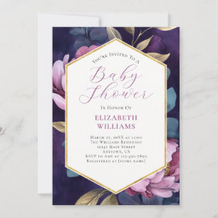 Purple Pink Gold Green Peonies Baby Shower Invitation