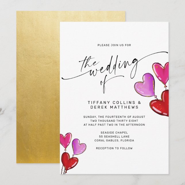 Purple Pink Gold Heart Balloons Wedding Invitation (Front/Back)