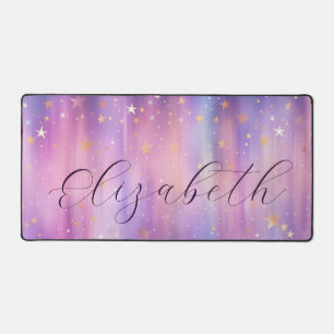 Purple Pink Gold Star Shimmer Script Personalised Desk Mat