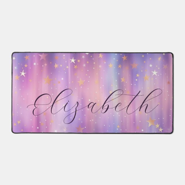 Purple Pink Gold Star Shimmer Script Personalised Desk Mat (Front)