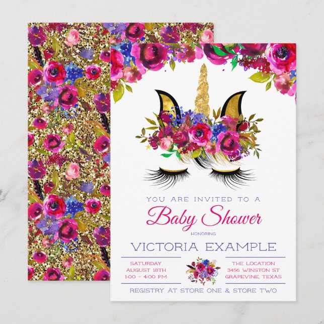Purple Pink Gold Unicorn Baby Shower Invitations (Front/Back)