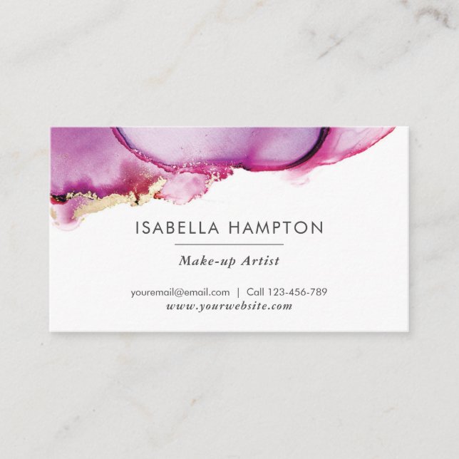 Purple pink gold watercolor ink business card (Front)