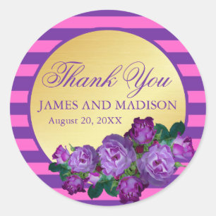 Purple, Pink, Gold Wedding Personalised Thank You Classic Round Sticker