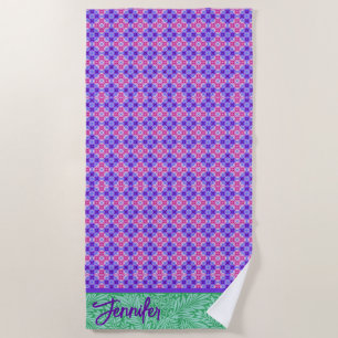 Purple Pink Green Boho Pattern Name Beach Towel