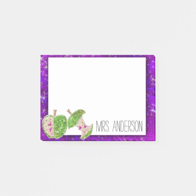 Purple Pink Green Glitter Teachers Apple Classroom Post-it Notes (Front)