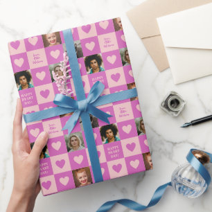 Purple Pink Heart Checkerboard Photos Valentine Wrapping Paper