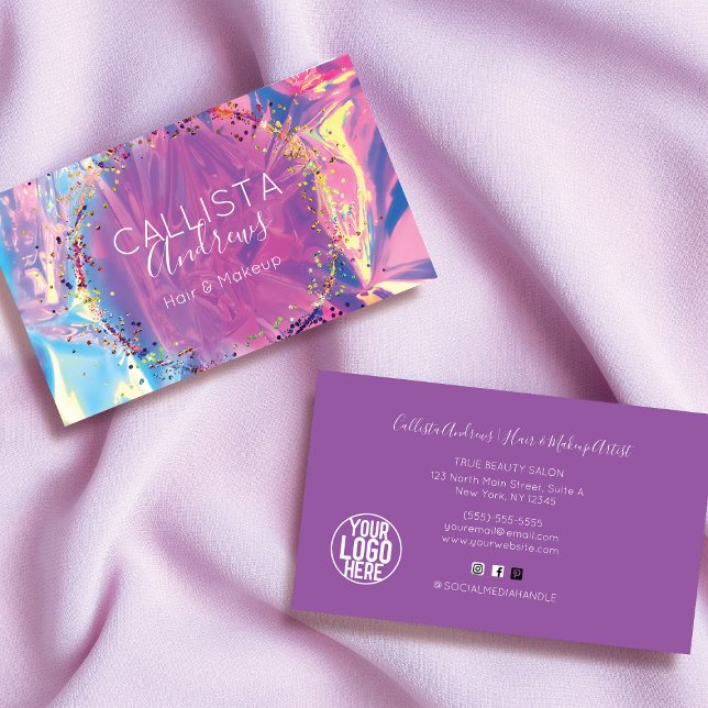 Purple Pink Holograph Glitter Confetti Salon Busin Business Card (Creator Uploaded)