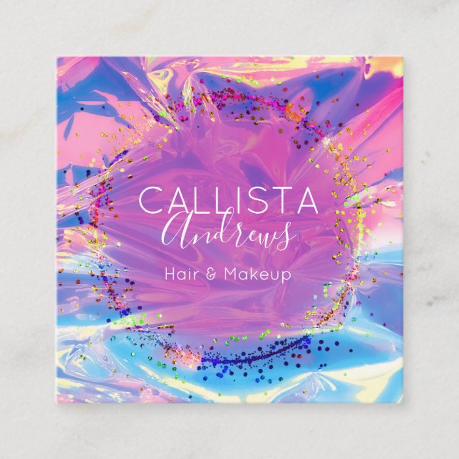Purple Pink Holograph Glitter Confetti Salon Squar Square Business Card (Front)