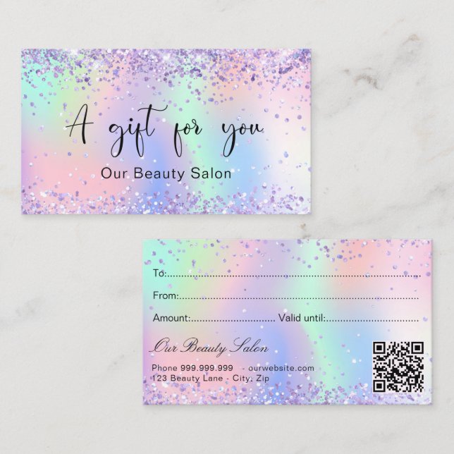 Purple pink holographic QR code gift certificate (Front/Back)