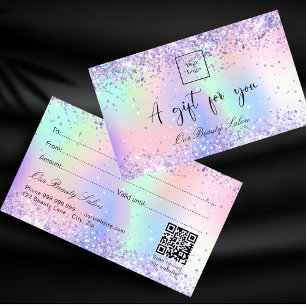 Purple pink holographic QR code gift certificate