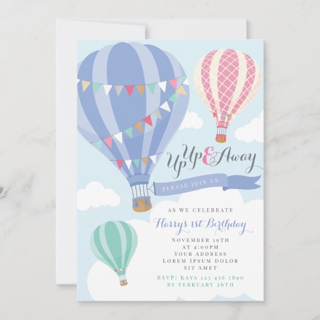 Purple & Pink Hot Air Balloon Birthday Invitation (Front)