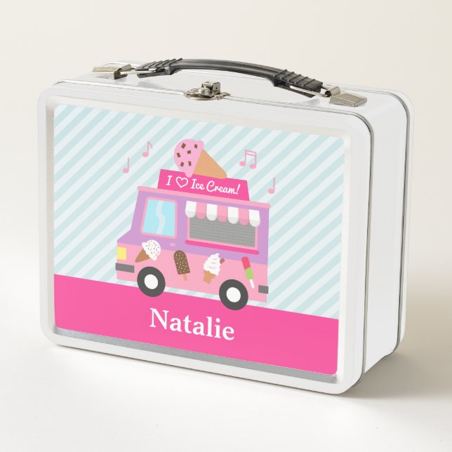 Purple Pink Ice Cream Truck Girls Personalised Metal Lunch Box (Front)