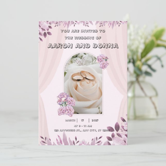 Purple Pink Ilustration Floral Wedding Invitation  (Standing Front)