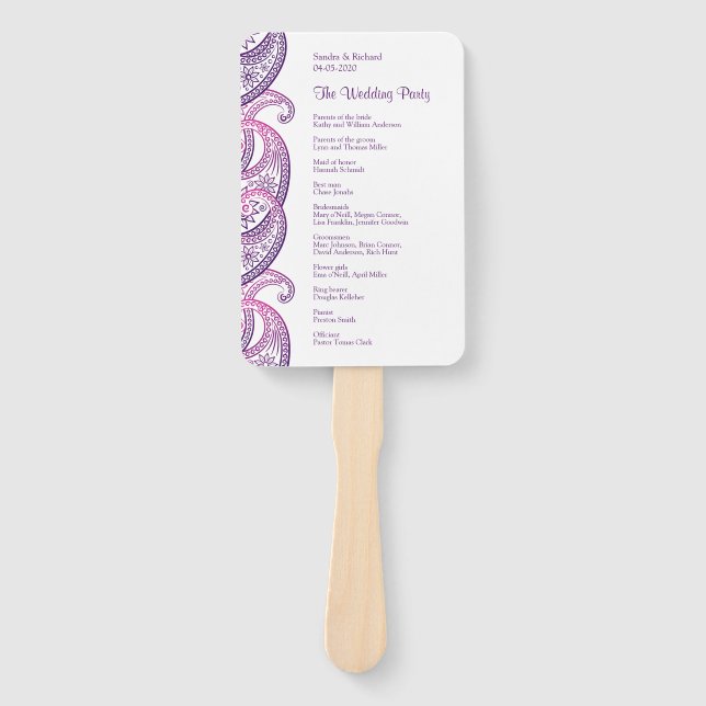 Purple & Pink Indian Paisley Wedding Program Hand Fan (Front)