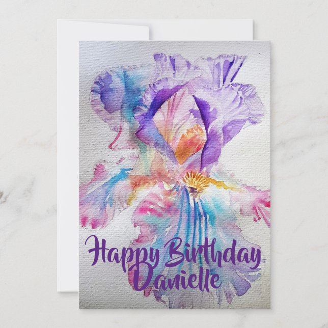 Purple Pink Iris Watercolour Birthday Invitation (Front)
