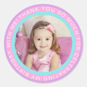 Purple Pink Kids Photo Birthday Thank You Classic Round Sticker