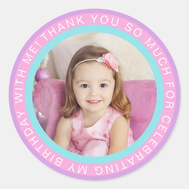 Purple Pink Kids Photo Birthday Thank You Classic Round Sticker (Front)