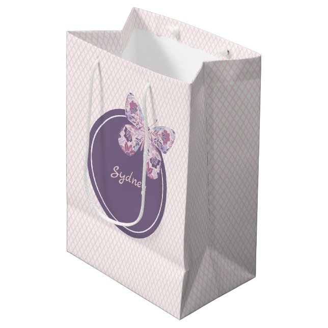 Purple Pink Lattice Pattern Personalised Butterfly Medium Gift Bag (Front Angled)