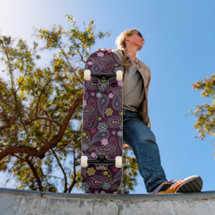 Purple Pink Light Blue Indian Floral Paisley Art Skateboard