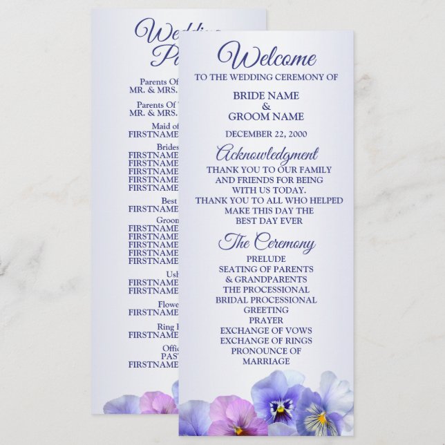 Purple Pink Lilac Pansy Floral Rustic Wedding Programme (Front/Back)