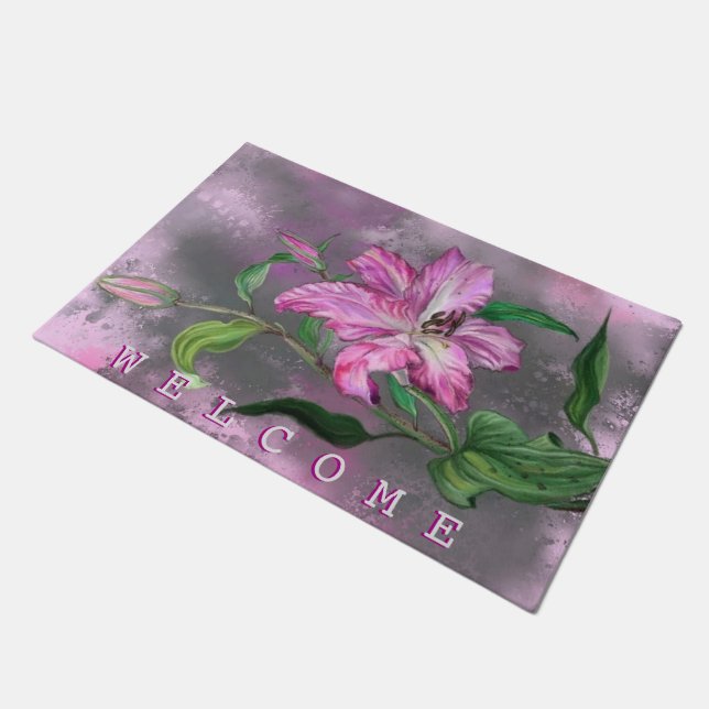 Purple Pink Lily Flowers Doormat Welcome Text (Angled)
