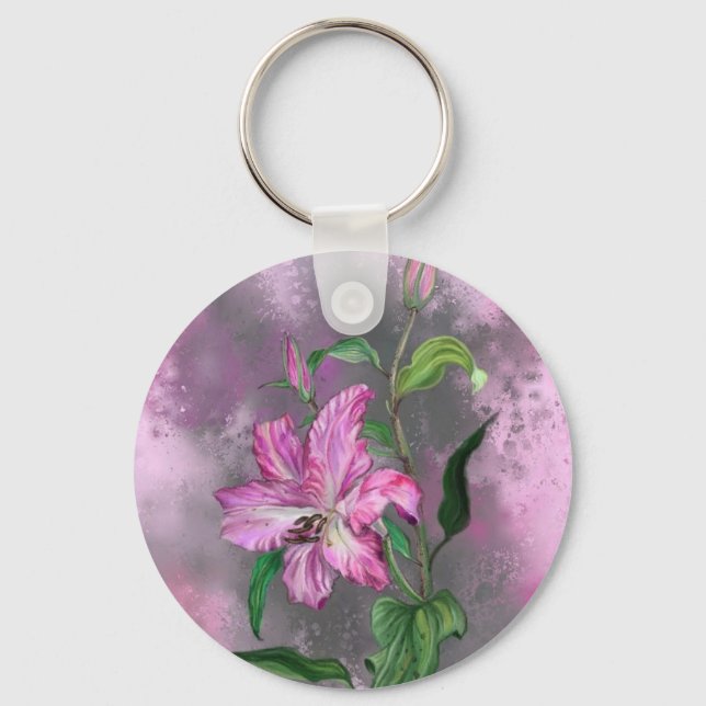 Purple Pink Lily Flowers Keychain Lilies Painting  (Front)