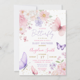 Purple & Pink Little Butterfly Floral Baby Shower Invitation