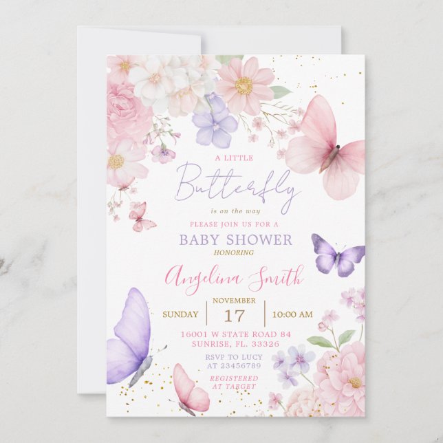 Purple & Pink Little Butterfly Floral Baby Shower Invitation (Front)