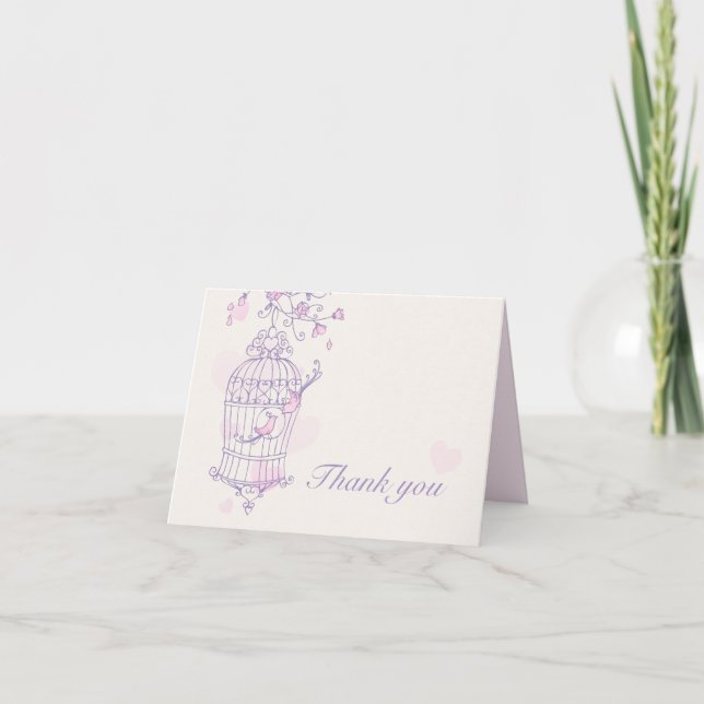 Purple & pink love birds wedding thank you card (Front)