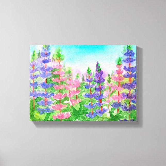 Purple Pink Lupines Watercolor Flowers Canvas Print (Front)