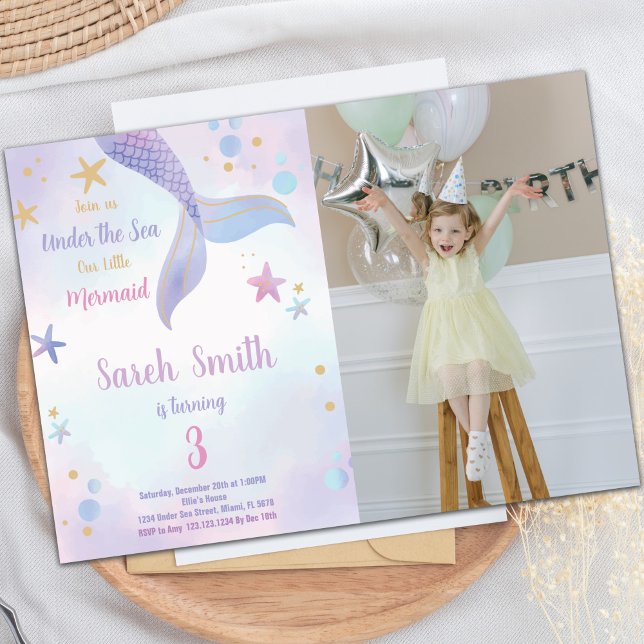 Purple Pink Mermaid Birthday Invitations w photo (Purple Pink Mermaid Birthday Invitations w photo)