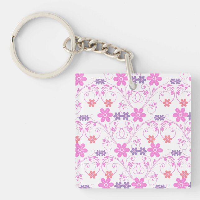 Purple & Pink Modern Floral Key Ring (Front)