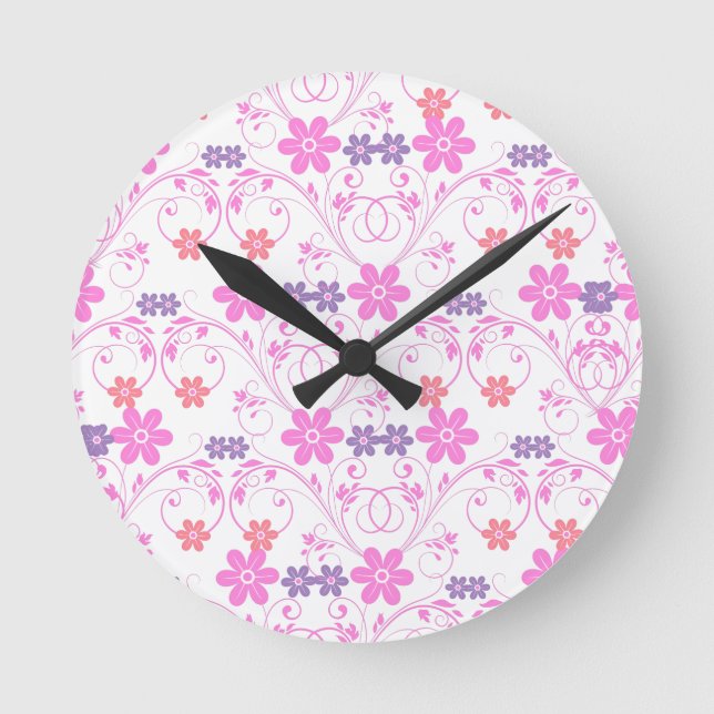 Purple & Pink Modern Floral Round Clock (Front)