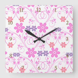 Purple & Pink Modern Floral Square Wall Clock