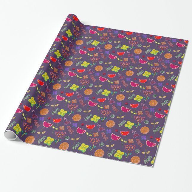 Purple pink modern floral wrapping paper (Unrolled)