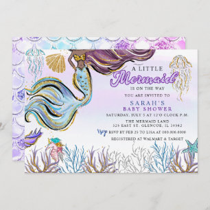 Purple Pink Modern Glitter Mermaid Baby Shower Invitation
