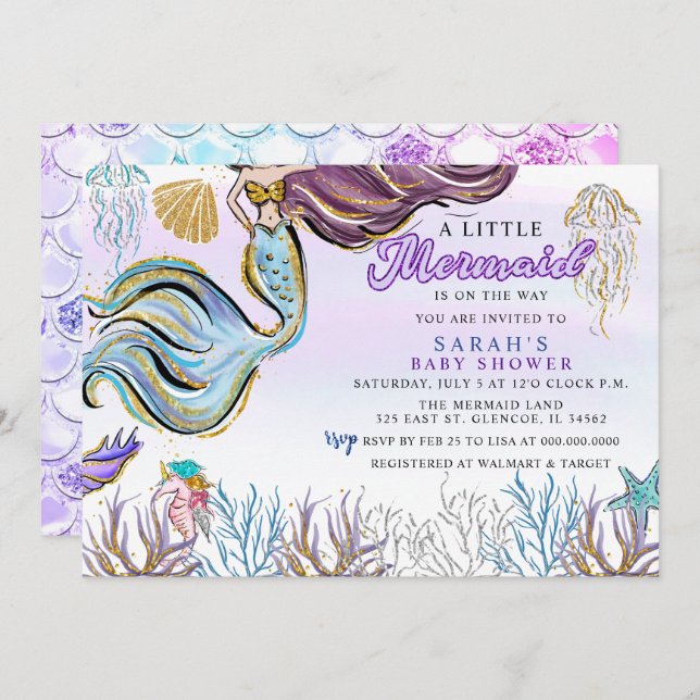 Purple Pink Modern Glitter Mermaid Baby Shower Invitation (Front/Back)