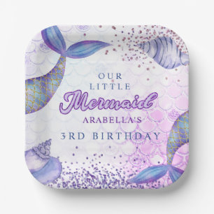 Purple Pink Modern Glitter Mermaid Birthday Paper Plate