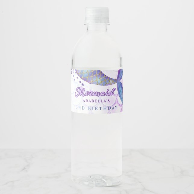 Purple Pink Modern Glitter Mermaid Birthday Water Bottle Label (Front)